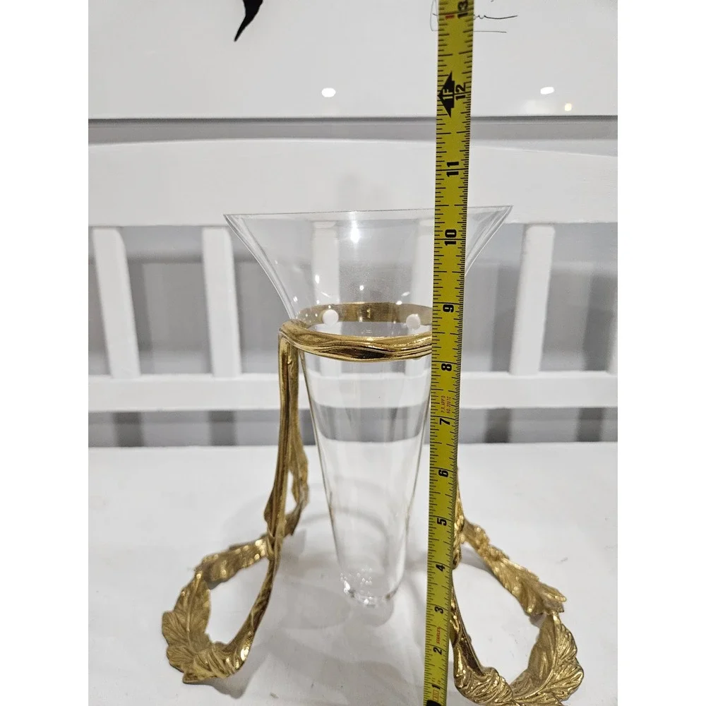Vtg Bombay Co. Floating Glass Vase w/Ornate Gold Leaf Metal Stand 11